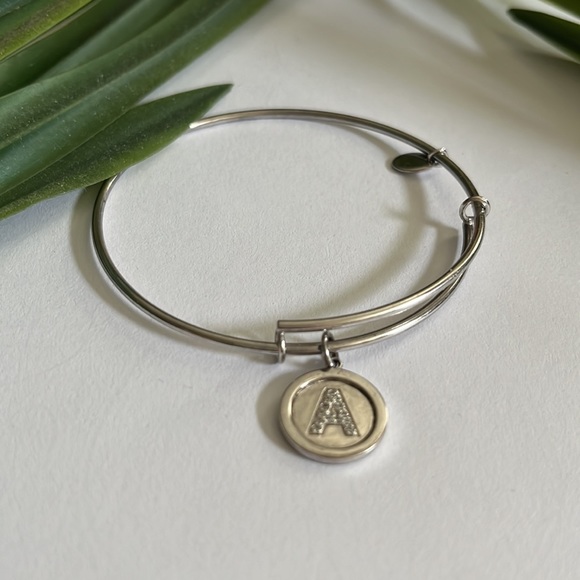 Silver Color Bangle Bracelet with “A” initial Round Charm - Picture 2 of 6